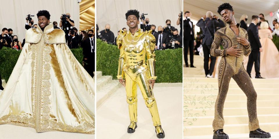 Three photos of Lil Nas X at the 2021 Met Gala.