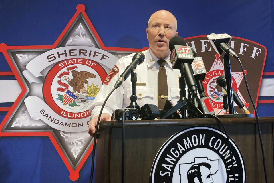 Sangamon County Sheriff Jack Campbell discusses the stabbing death of state child welfare worker Diedre Silas during a news conference, Wednesday, Jan. 5, 2022, in Springfield, Ill. Silas, 36, was conducting a visit Tuesday, Jan. 4, on a home in Thayer, south of Springfield, when she was stabbed. A man living in the home, 32-year-old Benjamin H. Reed, faces charges of first-degree murder, aggravated battery and unlawful restraint. He is being held in the Sangamon County Jail on $5 million bond. (AP Photo/John O'Connor)