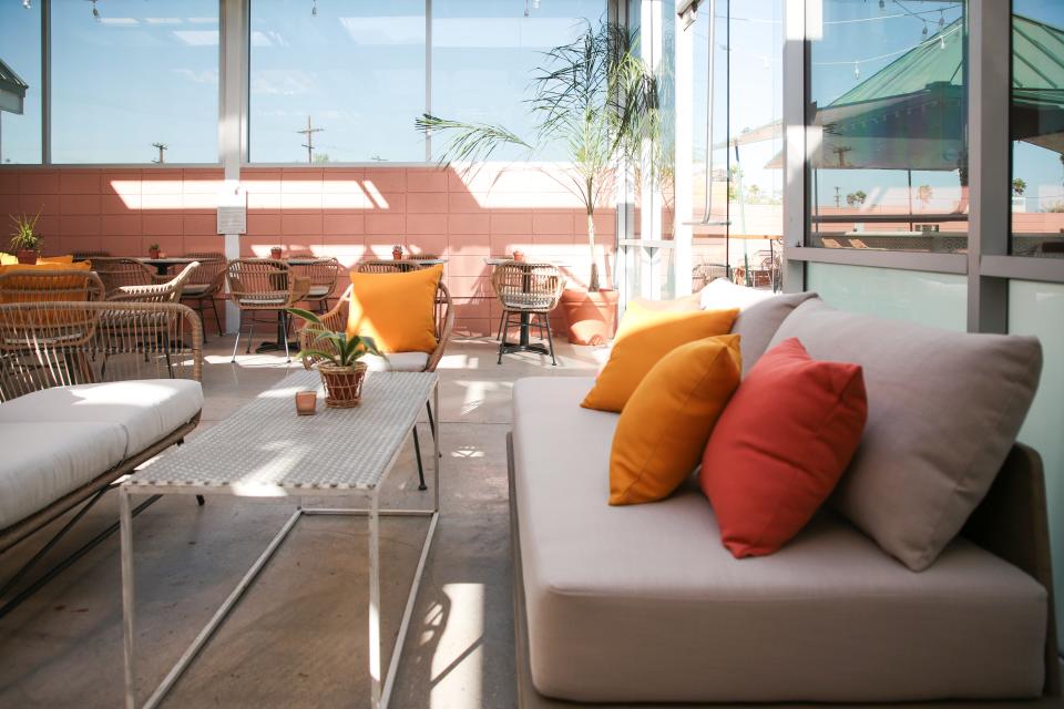 The atrium at Boozehounds, a pet-friendly restaurant, café and bar, located at 2080 North Palm Canyon Drive, in Palm Springs, Calif., is shown on Wednesday, April 21, 2021.