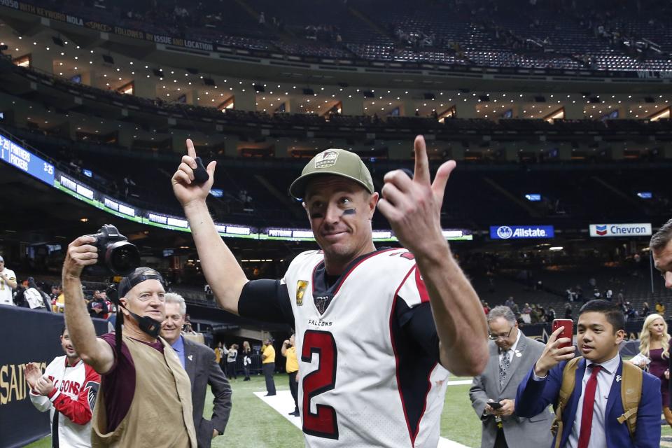 <p>
              Atlanta Falcons quarterback Matt Ryan (2) reacts as he walks off the field after an NFL football game against the New Orleans Saints in New Orleans, Sunday, Nov. 10, 2019. The Falcons won 26-9. (AP Photo/Rusty Costanza)
            </p>