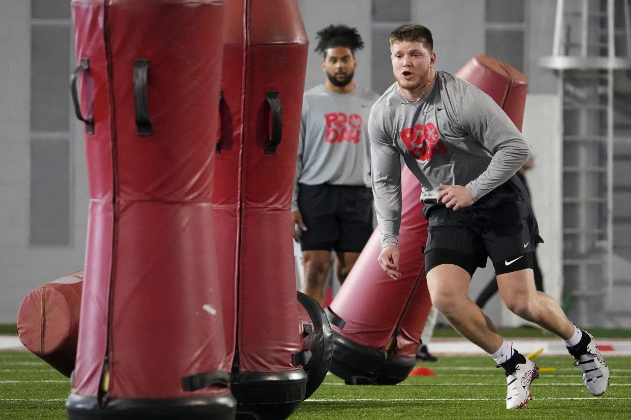 Mar 20, 2024; Columbus, Ohio, USA; Ohio State Buckeyes defensive end Jack Sawyer works out during Pro Day at the Woody Hayes Athletic Center.
