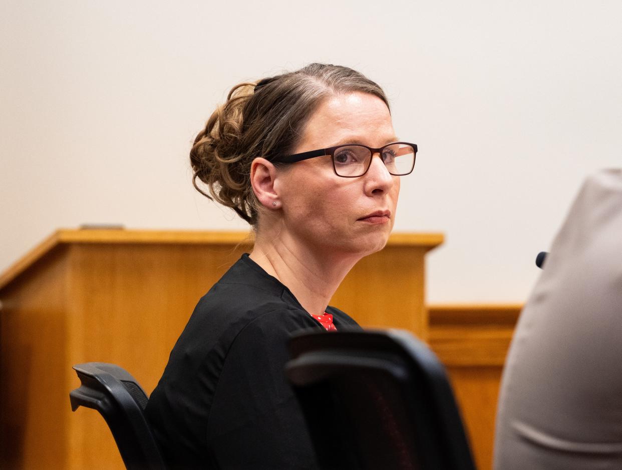 Jessica Ann Hosfelt, a former registered nurse at Waupun Correctional Institution, attends her preliminary hearing Thursday at the Dodge County Courthouse in Juneau. She is among nine former staff members of the Waupun prison charged in relation to the deaths of two prisoners.