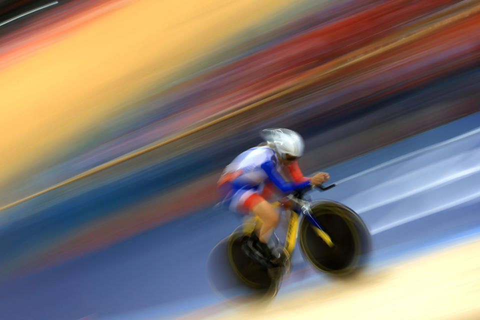 LONDON, ENGLAND - AUGUST 07: Clara Sanchez of France competes in the Women's Omnium Track Cycling 3km Individual Pursuit on Day 11 of the London 2012 Olympic Games at Velodrome on August 7, 2012 in London, England. (Photo by Phil Walter/Getty Images)