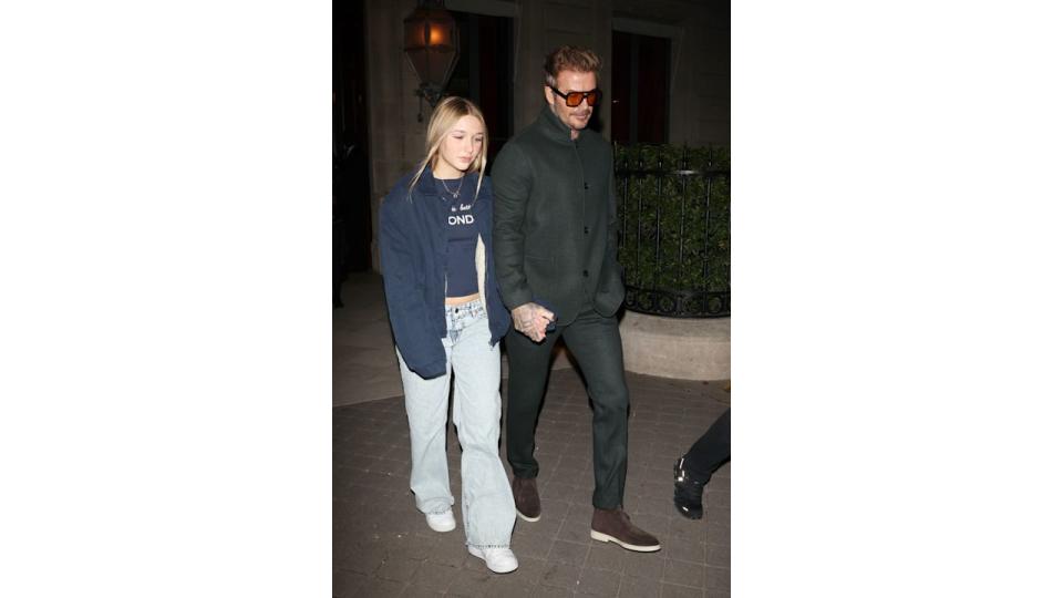 David Beckham and Harper Beckham leaving their hotel during the Womenswear Spring/Summer 2025 as part of Paris Fashion Week on 