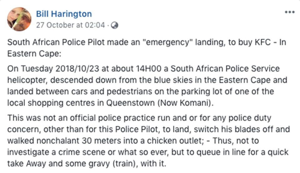 South African police helicopter pilot investigated after making emergency landing for KFC.