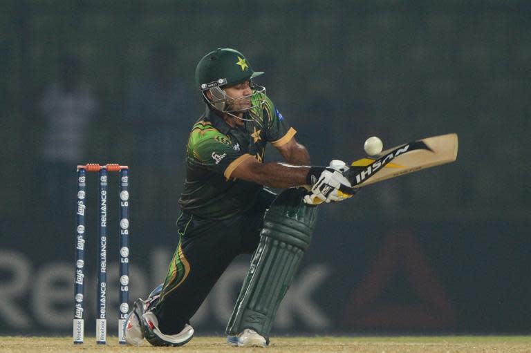 Pakistan's Mohammad Hafeez during a Twenty20 warm up cricket match between Pakistan and South Africa at the Khan Shaheb Osman Ali Stadium in Fatullah, on the outskirts of Dhaka on March 19, 2014