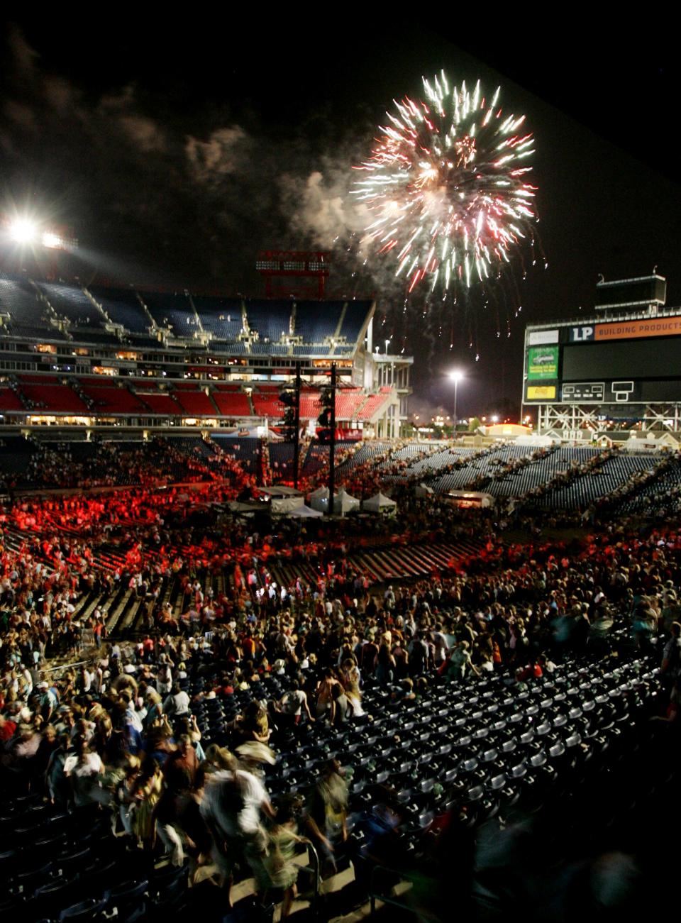 The fireworks go off at the end of another night of music during the CMA Music Festival at LP Field June 5, 2008.