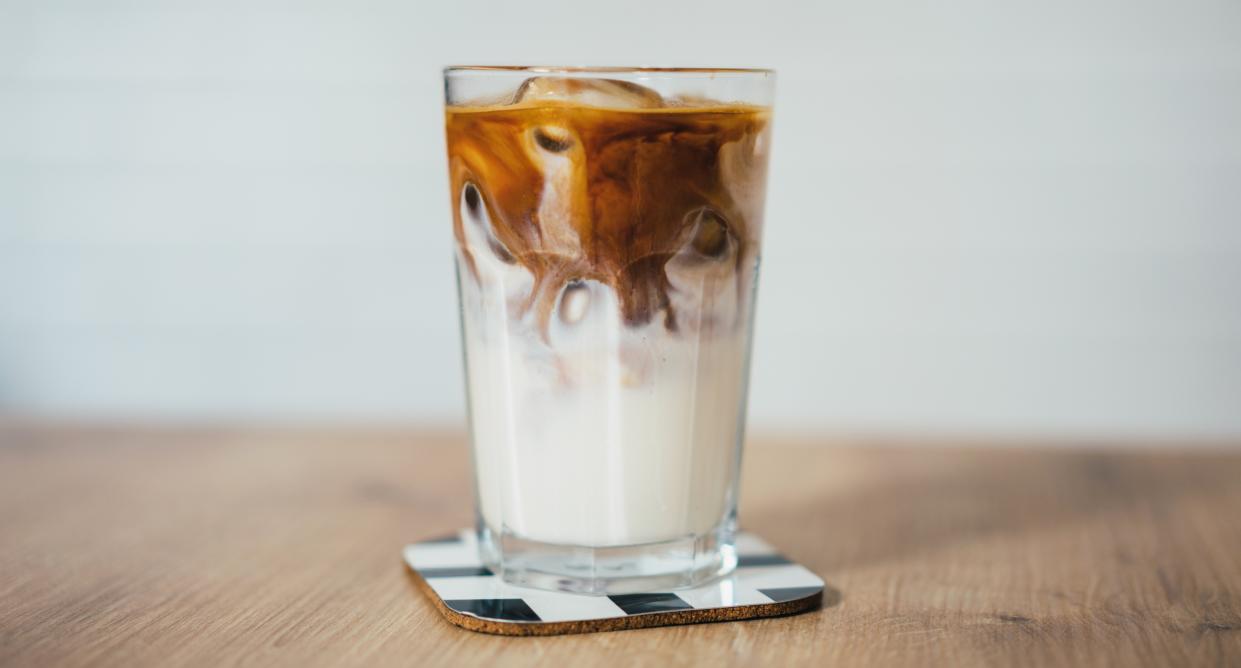 Iced protein coffee sits on a table