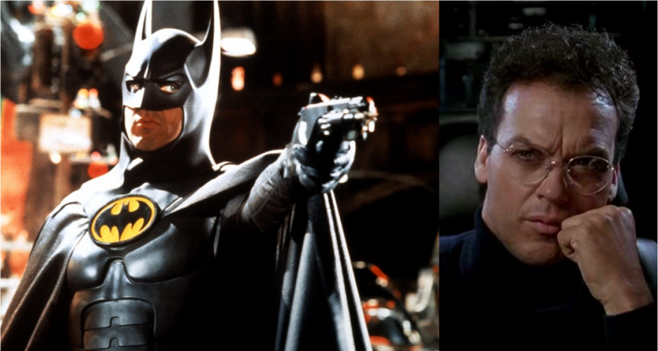 Michael Keaton as Batman and without his mask as Bruce Wayne. (Credit: Warner Bros)