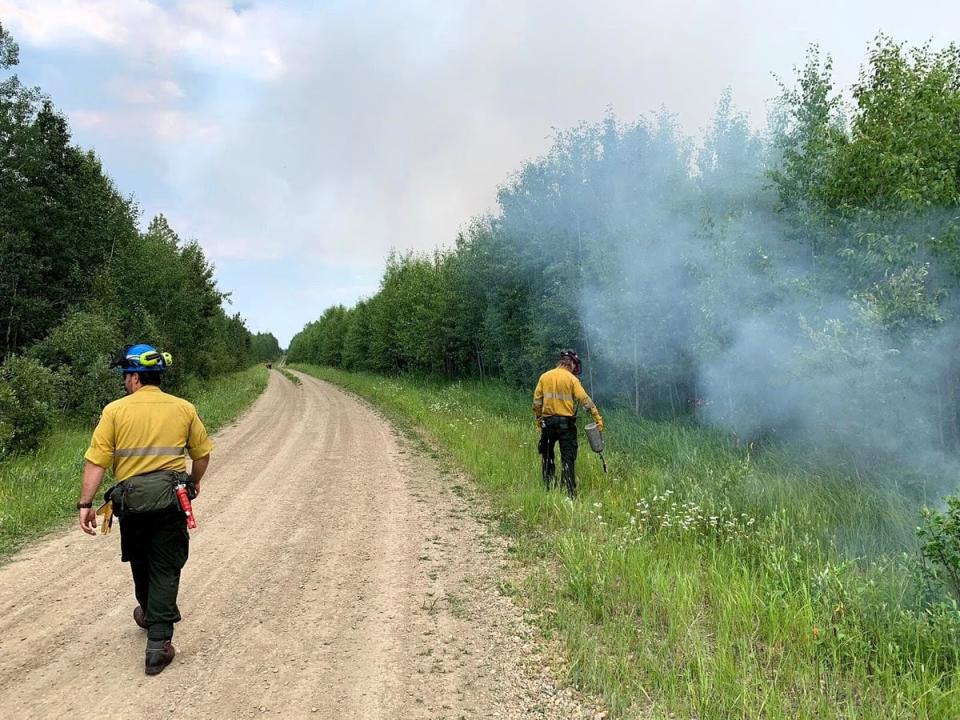 Firefighters used a method called "ignition" which removed available fuel from the wildfire to prevent the spread into nearby vegetation. This method is often used to "bring" the wildfire to where crews can anchor it to a natural break, like a road. (July 10, 2024 at 8:00 p.m. on EWF061).