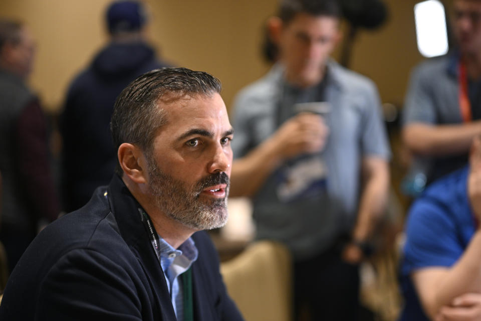 Cleveland Browns head coach Kevin Stefanski talks with reporters during an AFC coaches availability at the NFL owners meetings, Monday, March 25, 2024, in Orlando, Fla. (AP Photo/Phelan M. Ebenhack)