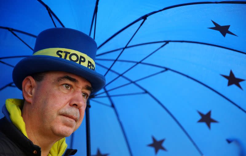 Anti-Brexit activist Steve Bray is pictured outside the Houses of Parliament in London