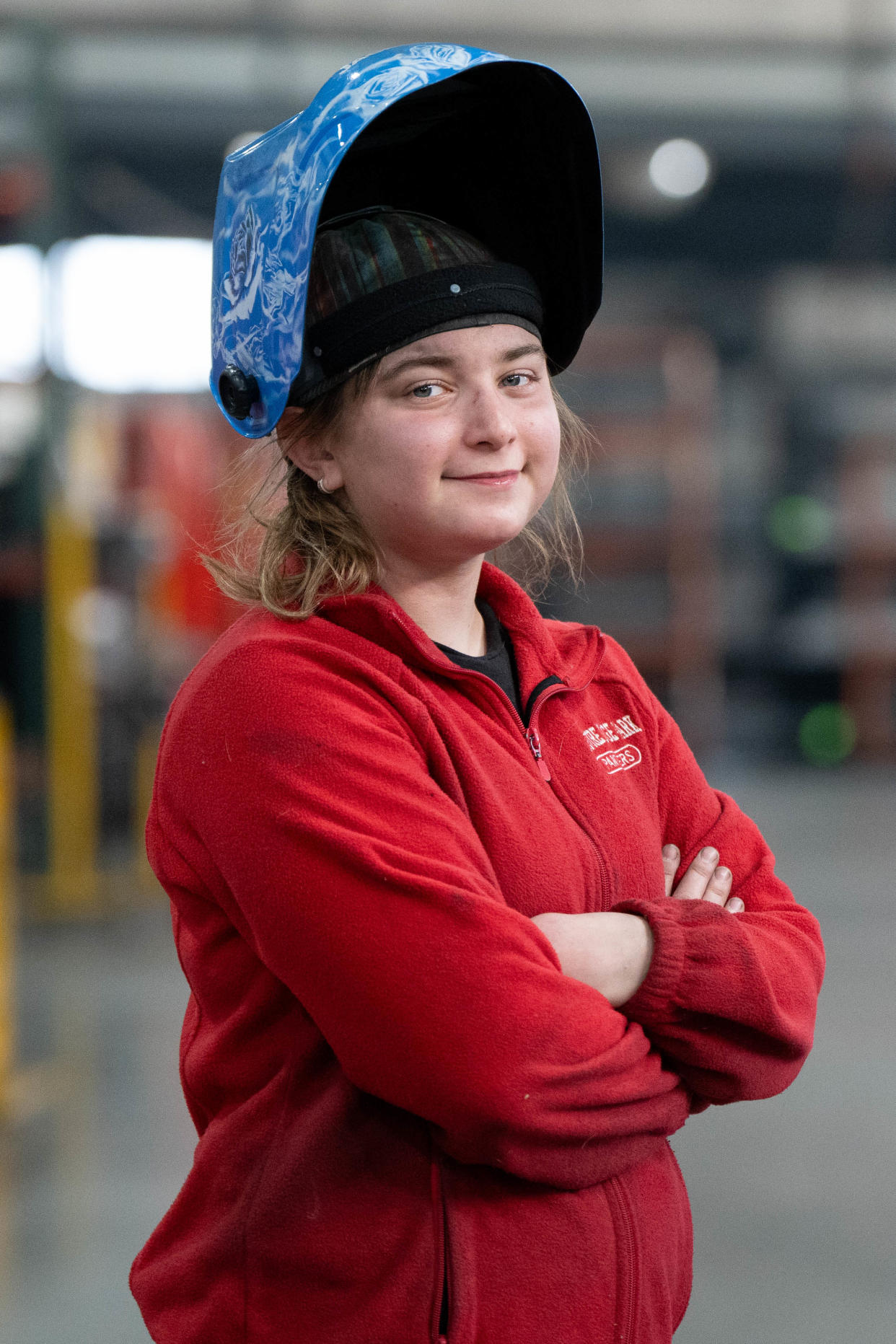 Danielle Roberts pose for a portrait on Wednesday, March 20, 2024. Roberts was a part of the Pleasure Ridge Park High School Welding Academy through the JCPS Academies program and went straight to working at Wire Crafters.