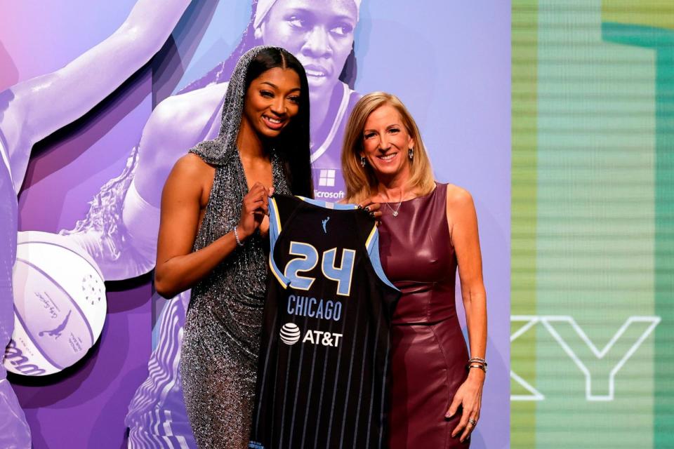 PHOTO: LSU's Angel Reese, left, with WNBA commissioner Cathy Engelbert after being selected seventh overall by the Chicago Sky during the first round of the WNBA basketball draft, April 15, 2024, in New York. (Adam Hunger/AP)