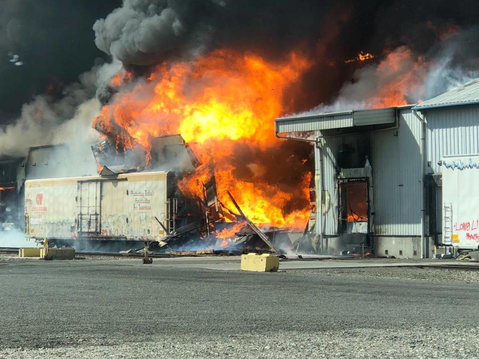 The fire at Lineage Logistics destroyed the 525,000-square-foot warehouse. Kennewick firefighters were on the scene helping fight the fire.