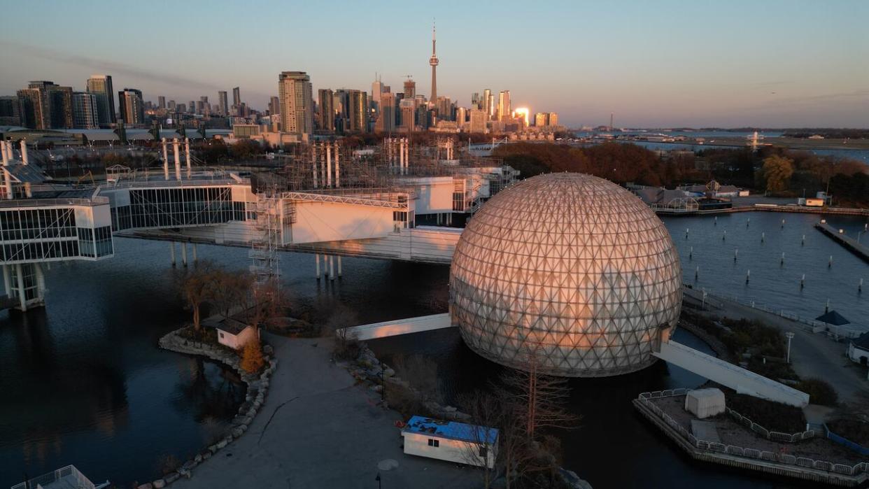 A drone image of Ontario Place at sunset on November 15, 2023. (Patrick Morrell/CBC News - image credit)