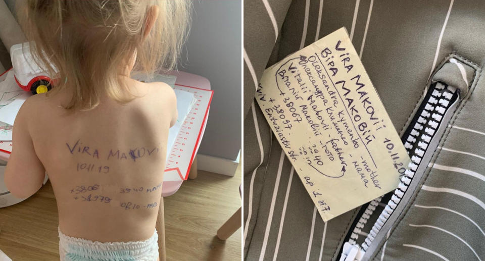 A mother from Ukraine wrote her daughter's details on her back the day the war started. Source: Instagram/aleksandra.mako
