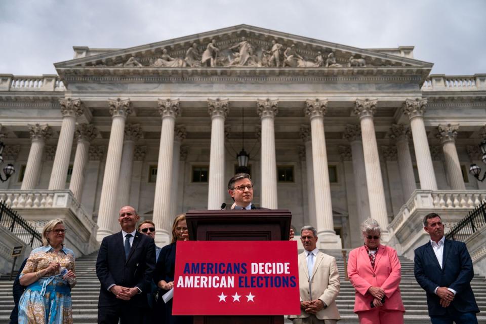 Speaker of the House Mike Johnson (R-LA) speaks during a news conference on the steps of the House of Representatives at the U.S. Capitol on May 8, 2024 in Washington, DC (Getty Images)