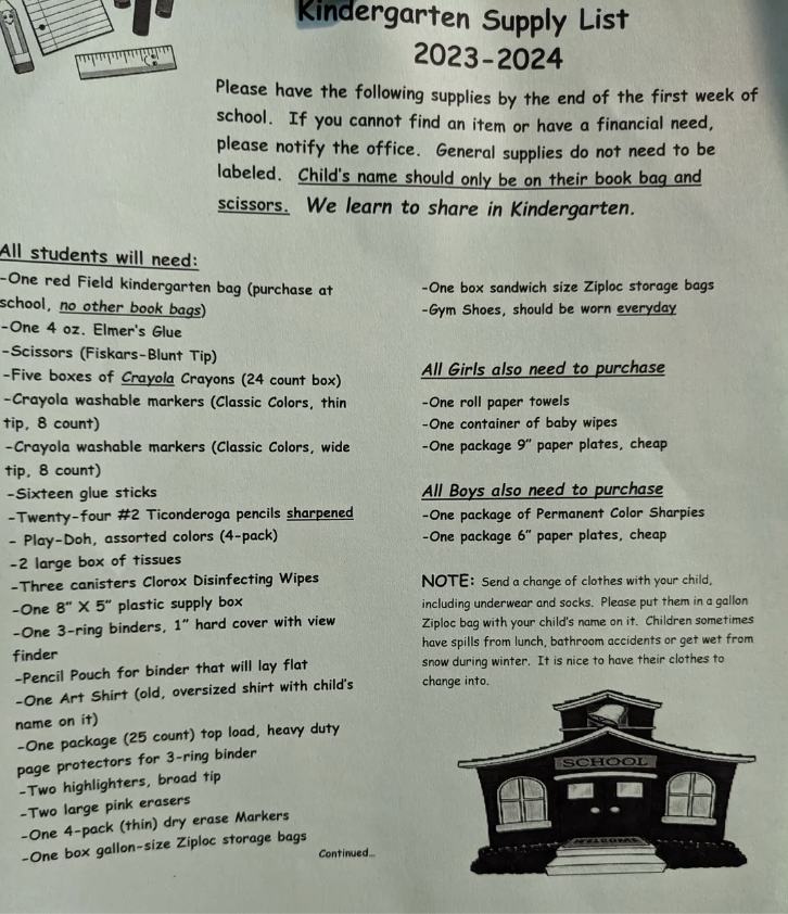 Kindergarten Supply List 2023-2024 with general instructions and itemized lists for all students, boys, and girls. Includes specific notes about donations and packaging