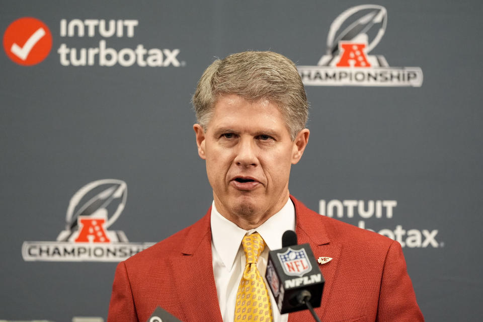 Chairman, and CEO of the Kansas City Chiefs Clark Hunt speaks during a news conference after an AFC Championship NFL football game between the Baltimore Ravens and the Kansas City Chiefs, Sunday, Jan. 28, 2024, in Baltimore. The Kansas City Chiefs won 17-10. (AP Photo/Alex Brandon)