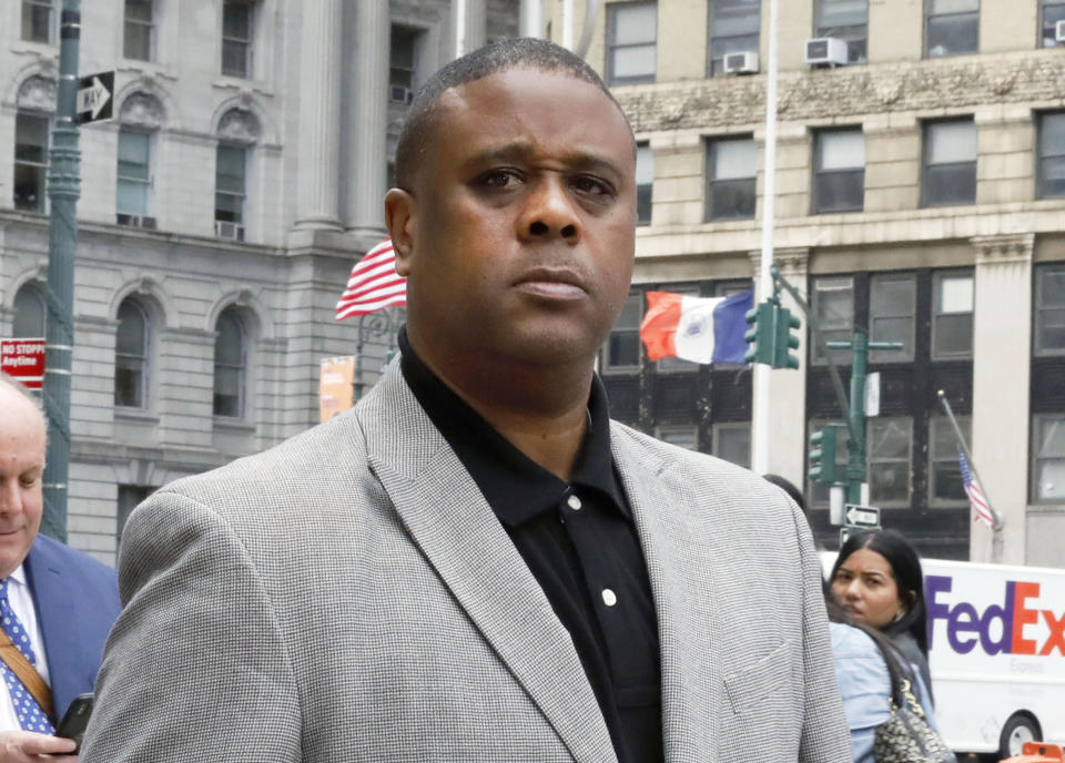 FILE - Former amateur basketball league director Merl Code, leaves federal court in New York, Oct. 4, 2019, after sentencing for his role in a college basketball bribery scheme that focused on NBA-bound athletes. These days, Richardson runs the boys’ basketball program for the New York Gauchos, a venerated hoops proving ground in the Bronx. (AP Photo/Richard Drew, File)