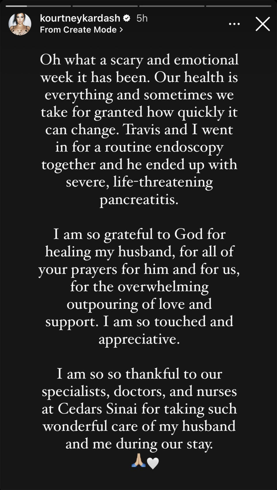 Kardashian's Instagram message emphasized her gratitude for the medical experts who helped Barker. (Kourtney Kardashian / Instagram)