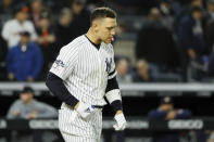 New York Yankees' Aaron Judge reacts after striking out against the Houston Astros during the sixth inning in Game 4 of baseball's American League Championship Series Thursday, Oct. 17, 2019, in New York. (AP Photo/Matt Slocum)
