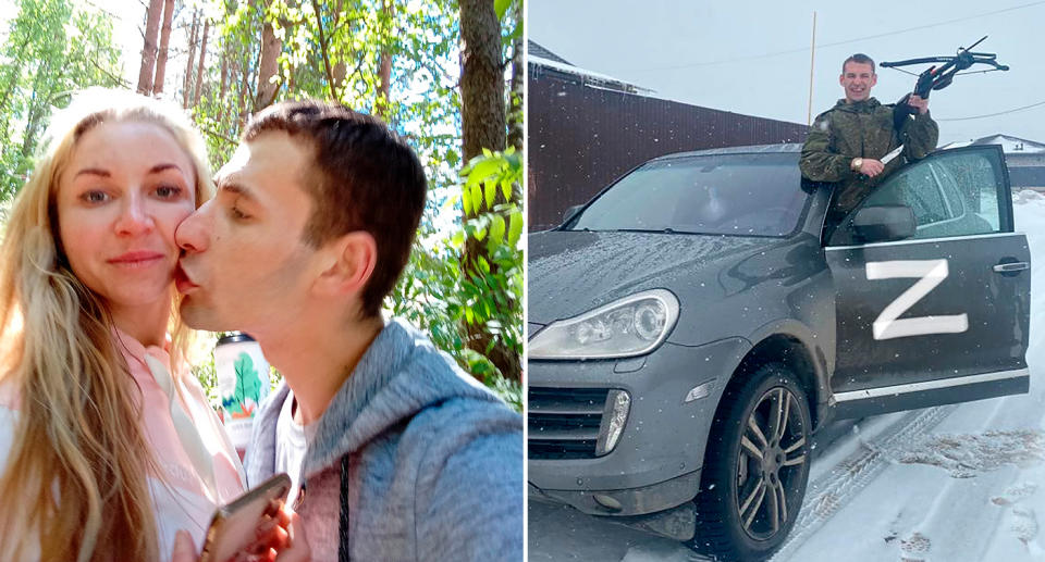 Aina Dalskay and Pavel Ivanov, an avid Putin fan who is also seen holding a gun while standing in a car with a Z symbol.