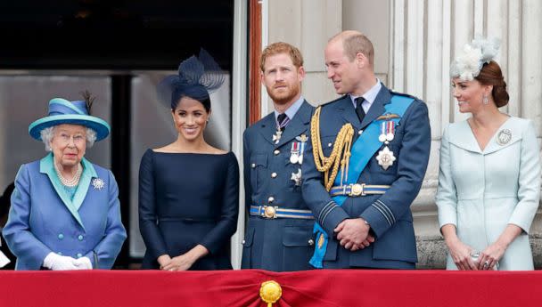 PHOTO: Queen Elizabeth, Meghan, Duchess of Sussex, Prince Harry, Duke of Sussex, Prince William, Duke of Cambridge and Catherine, Duchess of Cambridge watch a flypast from the balcony of Buckingham Palace, July 10, 2018, in London. (Max Mumby/indigo/Getty Images)