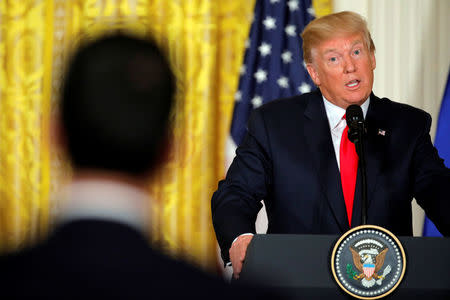 U.S. President Donald Trump holds a joint news conference with Finland's President Sauli Niinisto (unseen) at the White House in Washington, U.S., August 28, 2017. REUTERS/Carlos Barria