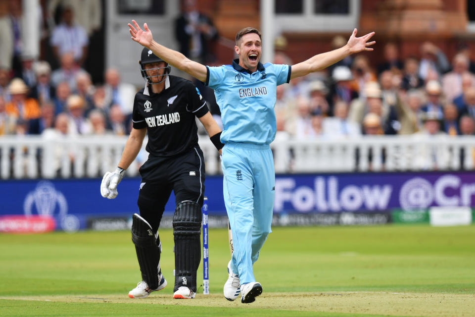 Chris Woakes celebrates as Guptill is given out (Photo by Mike Hewitt/Getty Images)