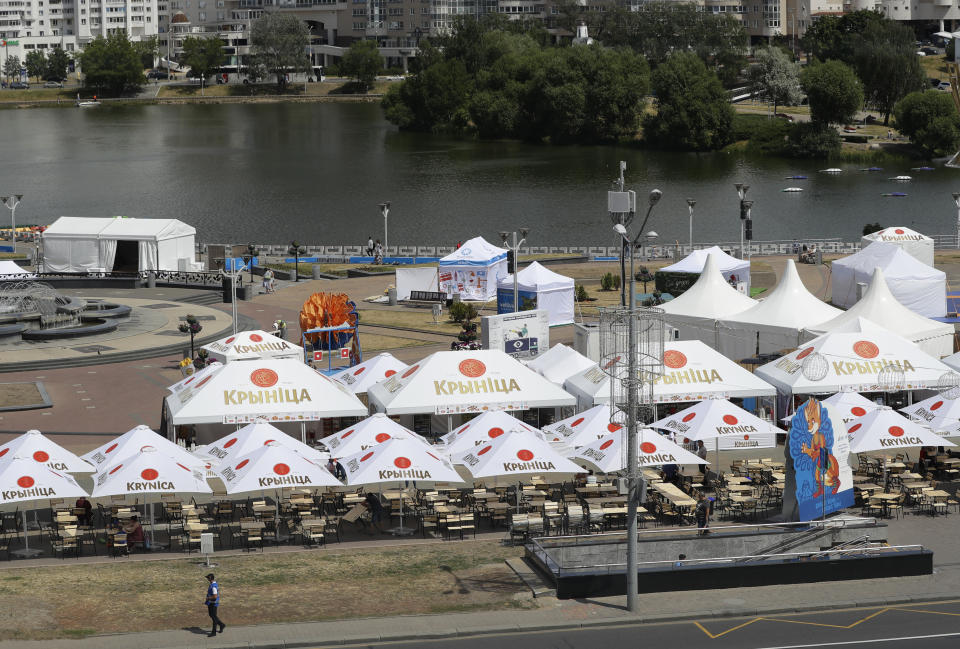 In this photo taken on Wednesday, June 19, 2019, the fan-zone for European Games supporters seen in downtown Minsk, Belarus. Shrunken in size and struggling for attention, the European Games open Friday in Belarus which is one of the continent’s most isolated countries. There was a lavish inaugural event in Azerbaijan four years ago with the opening ceremony alone costing $95 million and starring Lady Gaga. But it wasn’t enough to attract many big-name athletes to Minsk for this year’s event. (AP Photo/Sergei Grits)