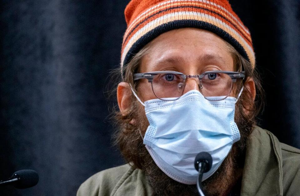 American journalist Danny Fenster speaks at a news conference at John F. Kennedy Airport in New York Tuesday, Nov. 16, 2021, after arriving in the United States following a six month detention in Myanmar.