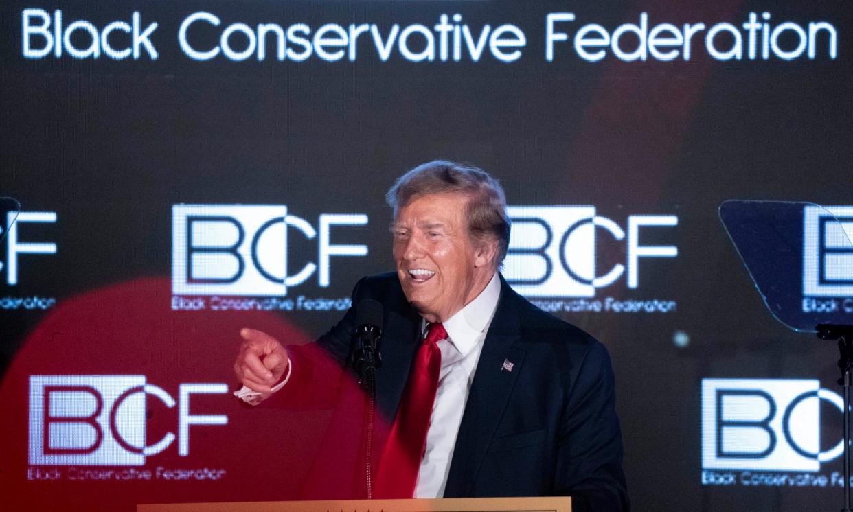 <span>Donald Trump during the Black Conservative Federation gala on 23 February 2024 in Columbia, South Carolina.</span><span>Photograph: Sean Rayford/Getty Images</span>