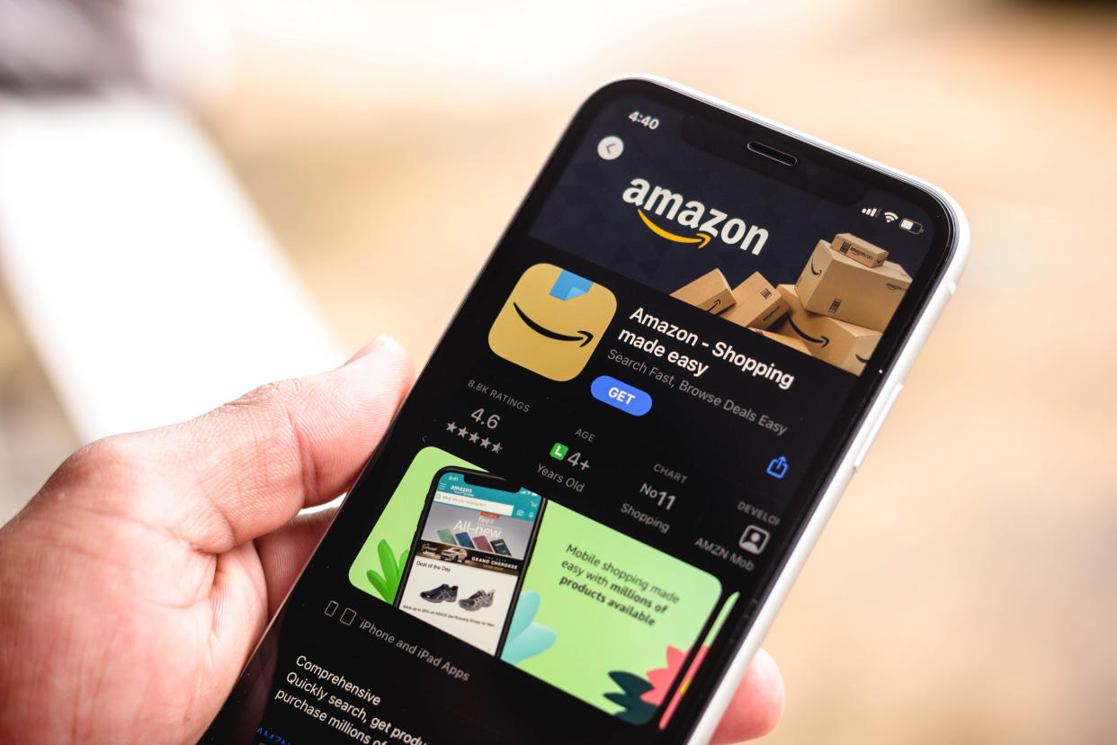 BRAZIL - 2021/03/16: In this photo illustration the Amazon Shopping logo in App Store seen displayed on a smartphone screen. (Photo Illustration by Rafael Henrique/SOPA Images/LightRocket via Getty Images)