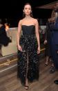 The actress attends the <em>Once Upon A Time in Hollywood</em> afterparty in a strapless bodysuit with embellished full skirt, heels and clutch (all Dior). 