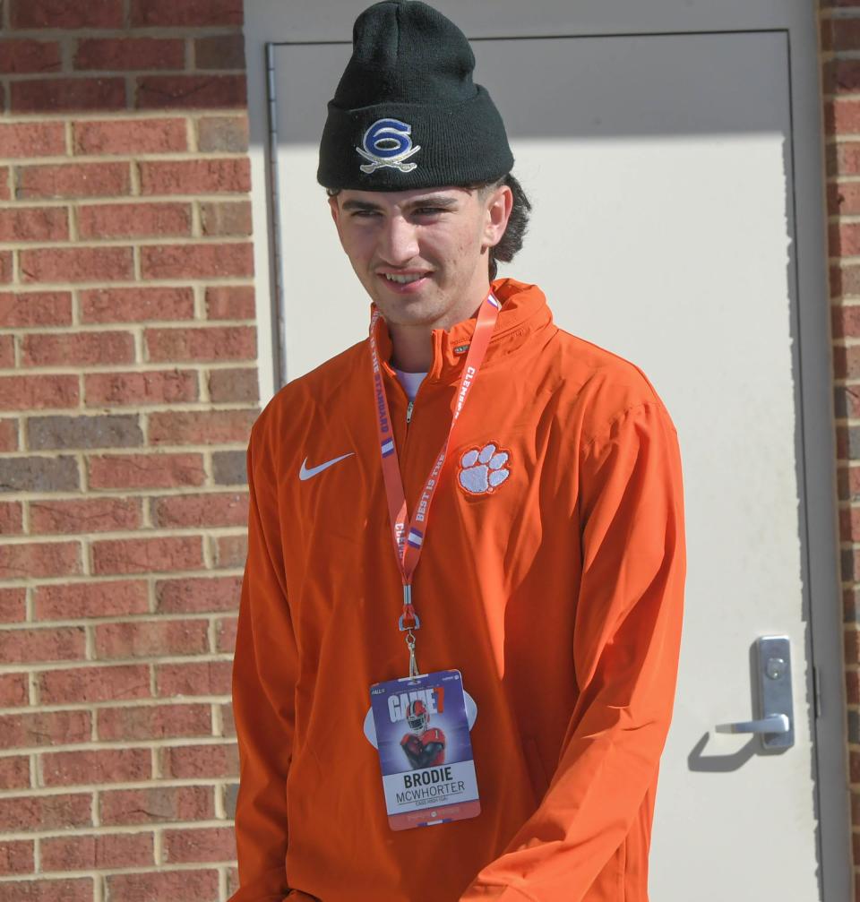 Brodie McWhorter, 2026 quarterback from Cass High (Ga) visits Clemson football, before kickoff with UNC Nov 18, 2023; Clemson, South Carolina, USA; at Memorial Stadium.