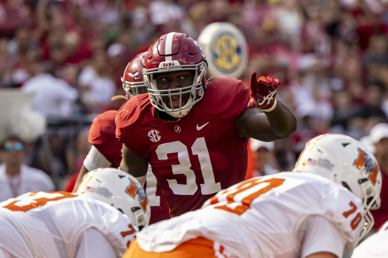 FILE - Alabama linebacker Will Anderson Jr. (31) lines up against Mercer during the first half of an NCAA college football game, Saturday, Sept. 11, 2021, in Tuscaloosa, Ala. Anderson was selected to The Associated Press All-SEC team in results released Wednesday, Dec. 8, 2021. (AP Photo/Vasha Hunt, File)