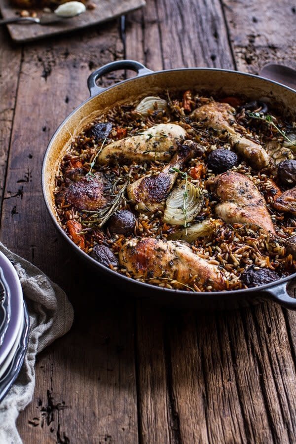 <strong>Get the <a href="https://www.halfbakedharvest.com/one-pot-autumn-herb-roasted-chicken-butter-toasted-wild-rice-pilaf/" target="_blank">One-Pot Autumn Herb Roasted Chicken With Butter Toasted Wild Rice Pilaf</a>&nbsp;recipe from Half Baked Harvest</strong>