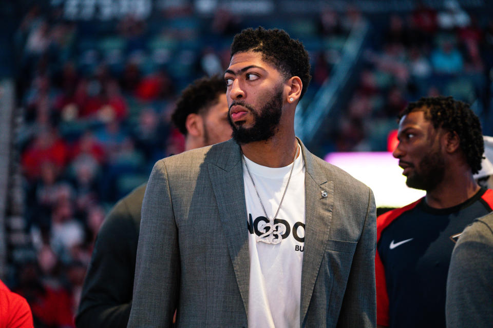 NEW ORLEANS, LOUISIANA - MARCH 28: Anthony Davis of the New Orleans Pelicans looks on during a game against the Sacramento Kings at Smoothie King Center on March 28, 2019 in New Orleans, Louisiana. NOTE TO USER: User expressly acknowledges and agrees that, by downloading and or using this photograph, User is consenting to the terms and conditions of the Getty Images License Agreement. (Photo by Cassy Athena/Getty Images)