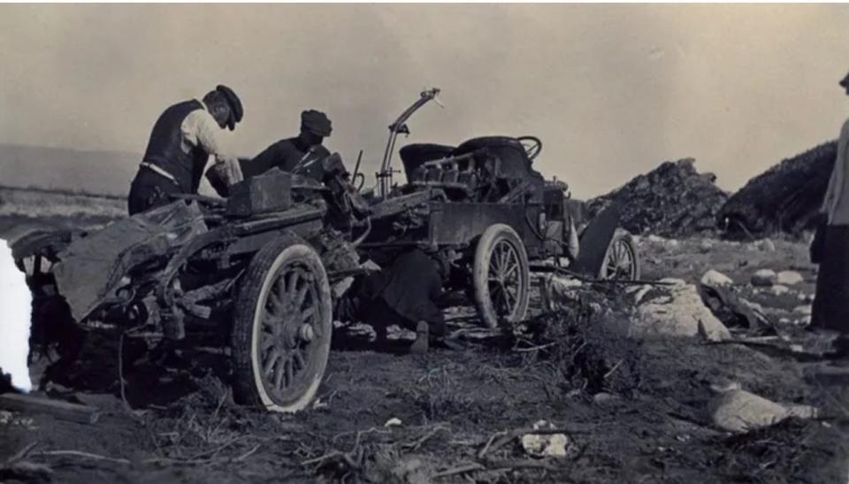 In the flood of 1916, one tire from this vehicle automobile ended up in Indio.