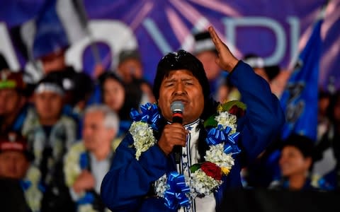 Bolivia's President and presidential candidate Evo Morales speaks during a political rally in El Alto, Bolivia - Credit: AFP