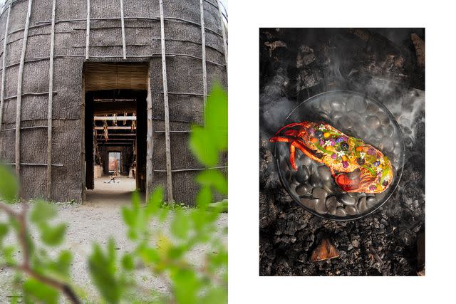 <p>COURTESY OF THE HÔTEL-MUSÉE PREMIÈRES NATIONS (2)</p> Ekionkiestha’ National Longhouse.; cold-smoked lobster with wildblueberry gin and fir-tree jelly at the Hôtel-Musée Premières Nations.