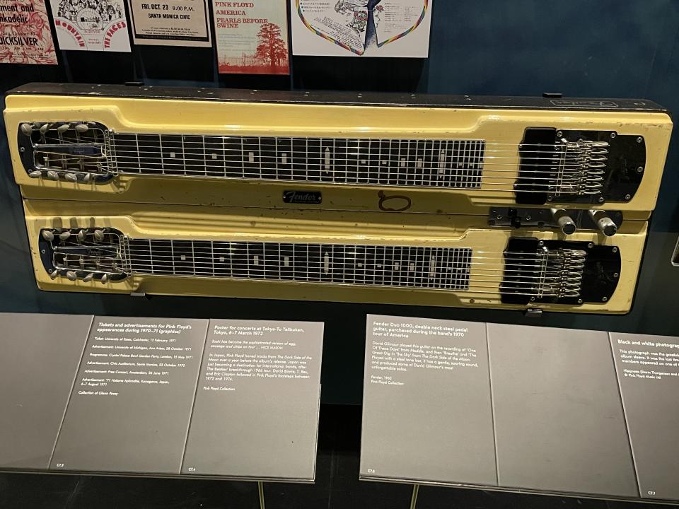 A double-neck steel guitar used by David Gilmour in the recording of Pink Floyd’s “Meddle” and “The Dark Side of the Moon” albums, as seen in the “Their Mortal Remains” exhibition - Credit: Chris Willman / Variety