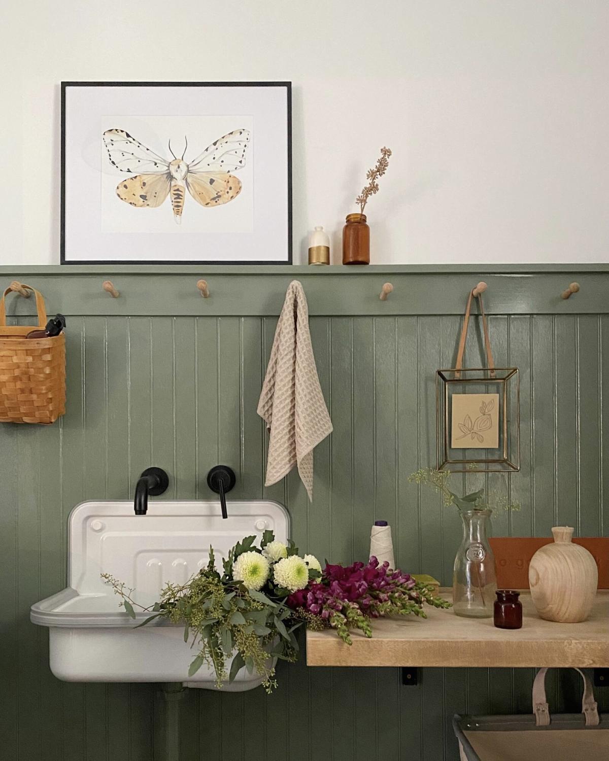 Space of the Week: Sage Green Paint and Olive Wallpaper Bring the Outdoors  Into This Family\'s Mudroom