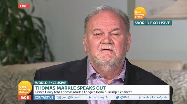 Thomas Markle pictured during his interview with ITV's "Good Morning Britain."&nbsp; (Photo: ITVs Good Morning Britain)