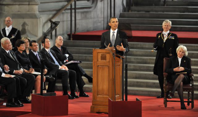 Barack Obama delivering his keynote speech to both Houses of Parliament in the historic Westminster Hall. (Andy Rain/PA)