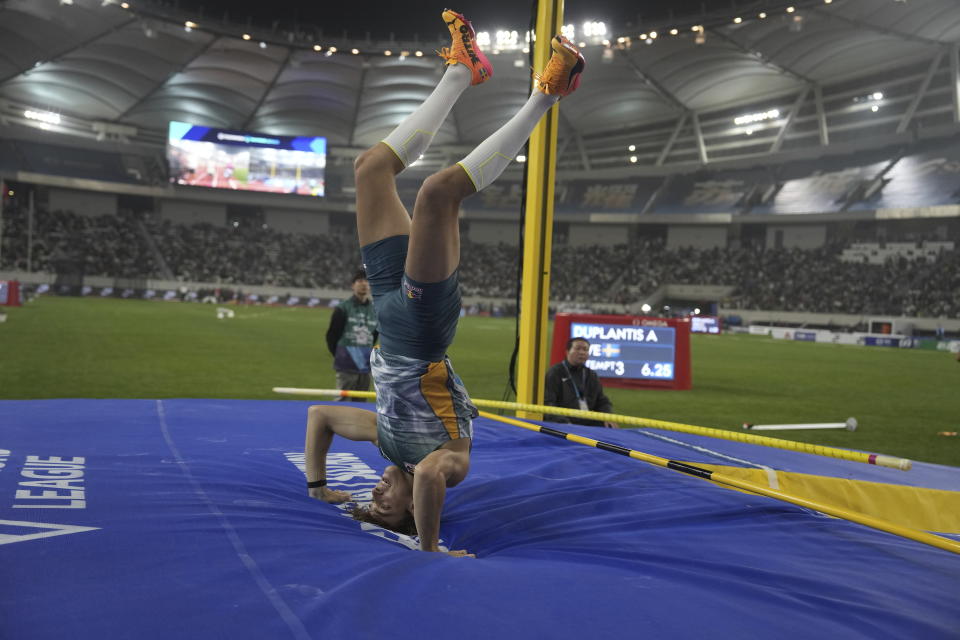 Armand Duplantis of Sweden competes in the men's pole vault finals during the Diamond League event held in Suzhou in eastern China's Jiangsu province Saturday, April 27, 2024. (AP Photo/Ng Han Guan)