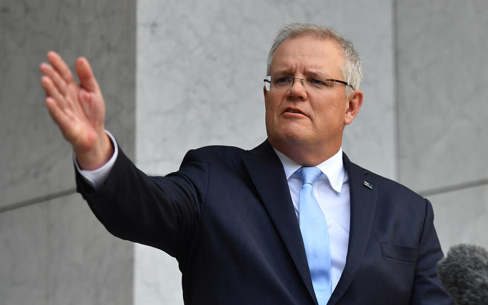 Prime Minister Scott Morrison speaks to the media at a press conference in Canberra.