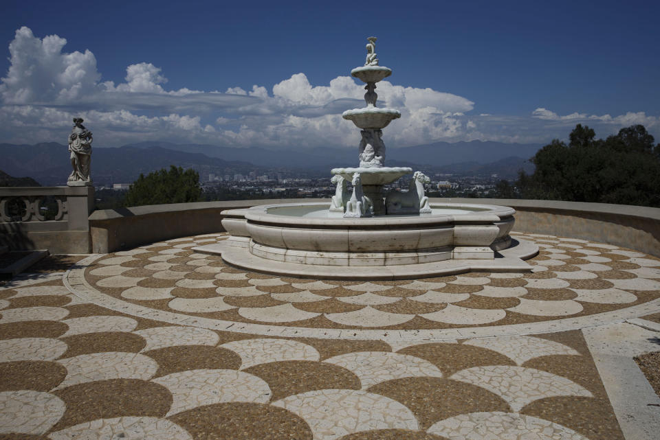 A fountain&nbsp;overlooks the valley and the city of Los Angeles.